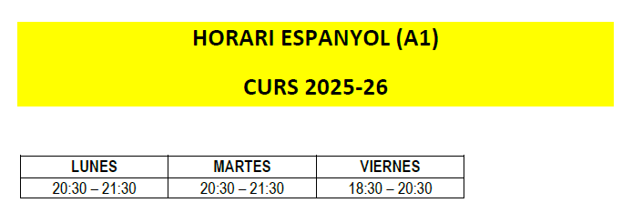 Horari classes curs Castellà, A1.