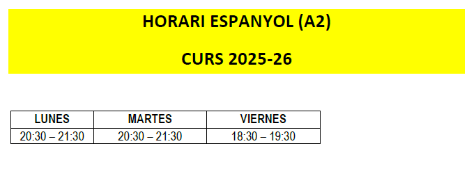 Horari de les classes del curs d'espanyol, A2.