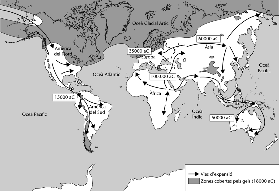 Mapa amb l'extensió dels humans per tots els continents de la Terra