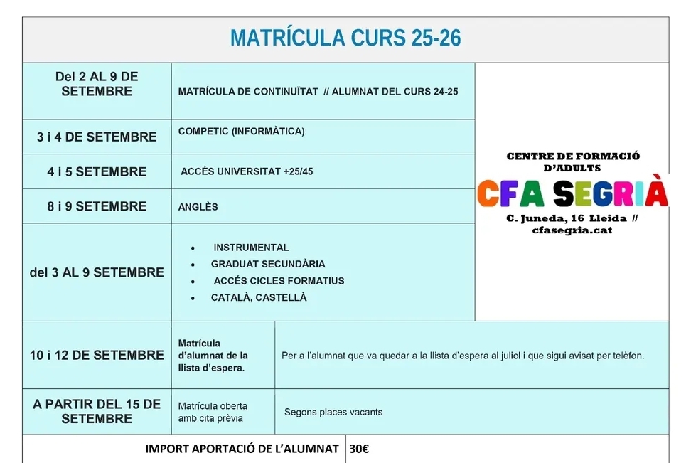 Dates de matrícula curs 25-26