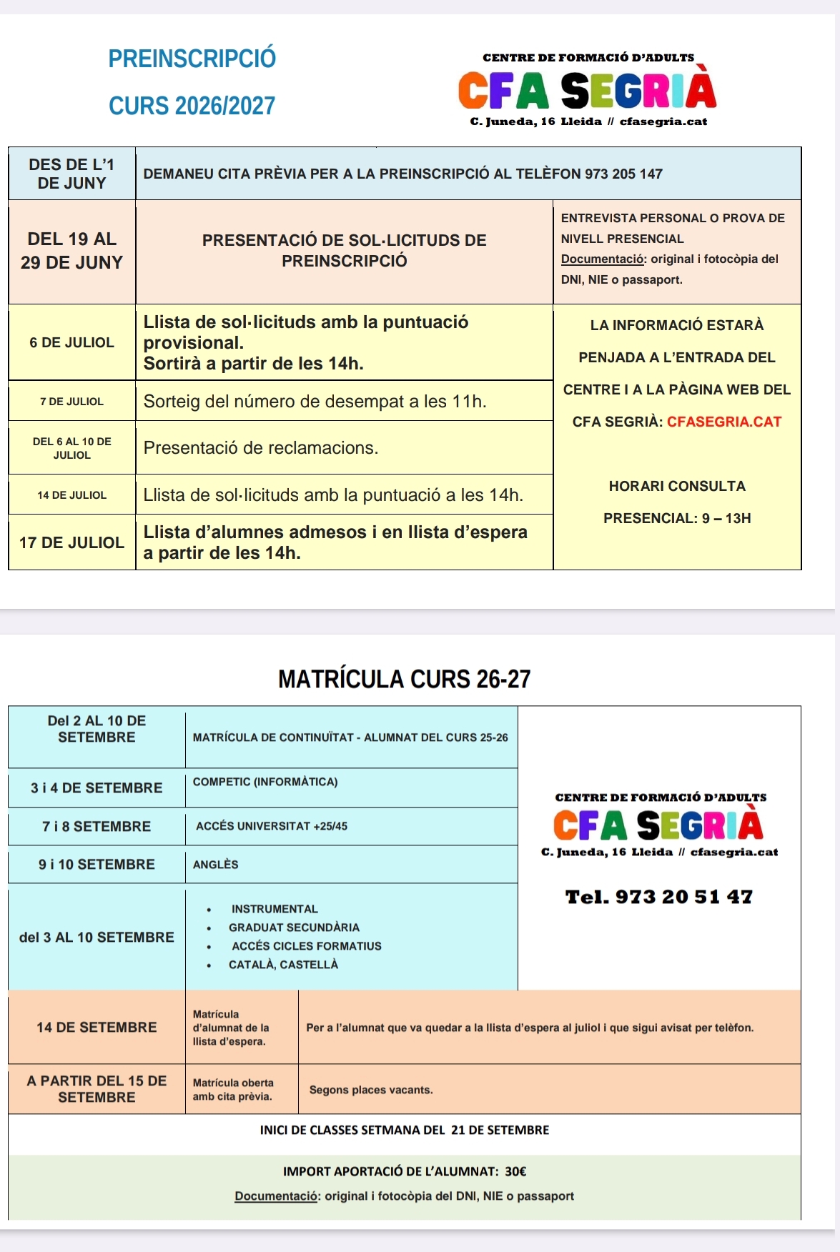 Calendari preinscripció i matrícula CFA Segrià