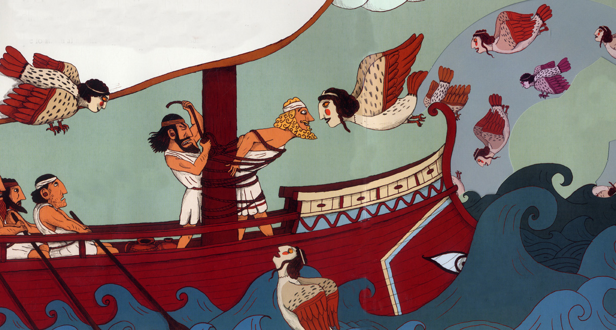 Ulises atado al mástil de la embarcación es tentado por las sirenas