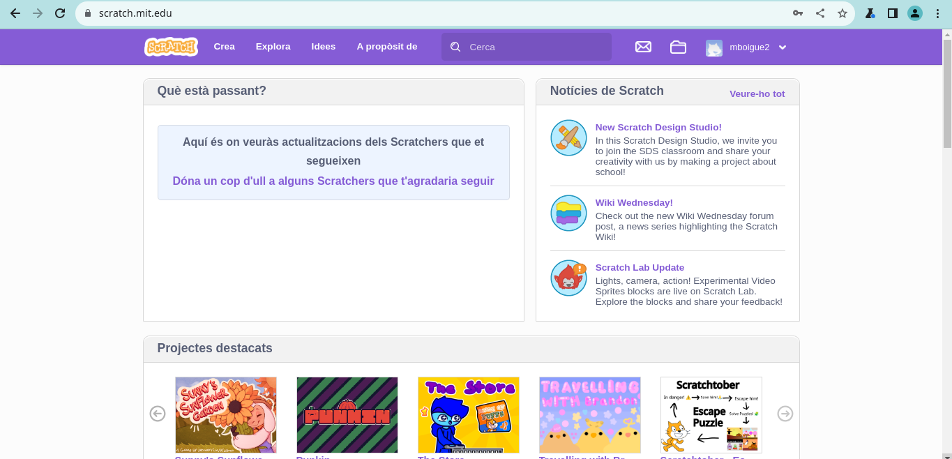 Pàgina d'inici de Scratch.