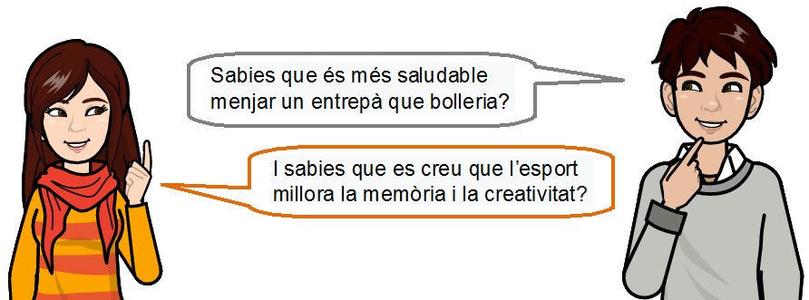 El noi comenta que és saludable menjar un entrepà i la noia, que es creu que l'esport millora la memòria i la creativitat.