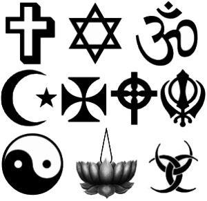 Imatge en blanc i negre que mostra símbols de diferents religions