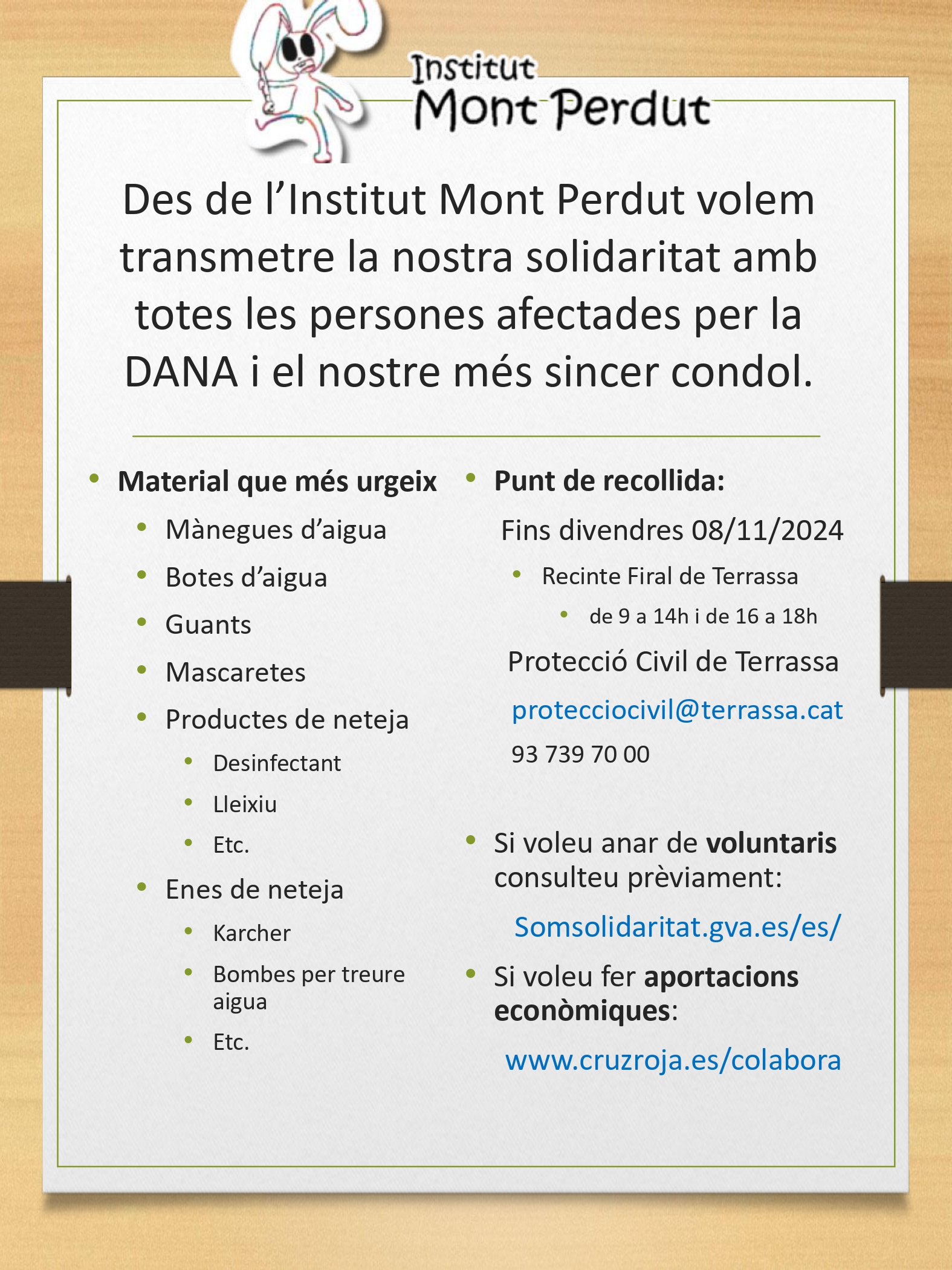 Solidaritat de l’Institut Mont Perdut amb les persones afectades per la DANA