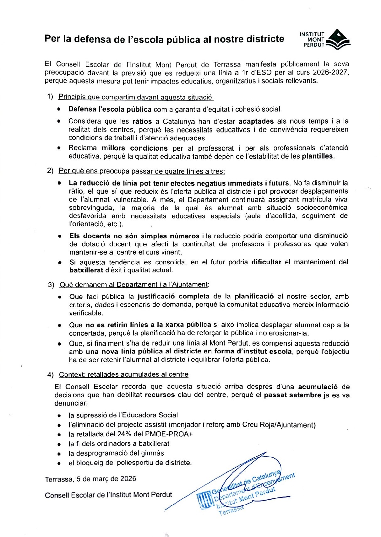 Per la defensa de l'escola pública al nostre districte