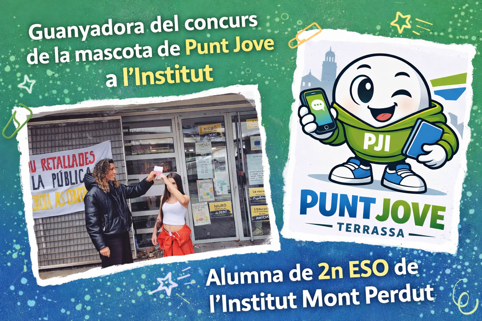 1. La mascota guanyadora, “Puntet”.
2. Moment del lliurament del premi a l’alumna guanyadora davant de l’Institut Mont Perdut