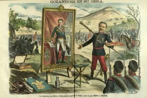 Gozándose en su obra. Caricatures de Martínez Campos i Alfons XII