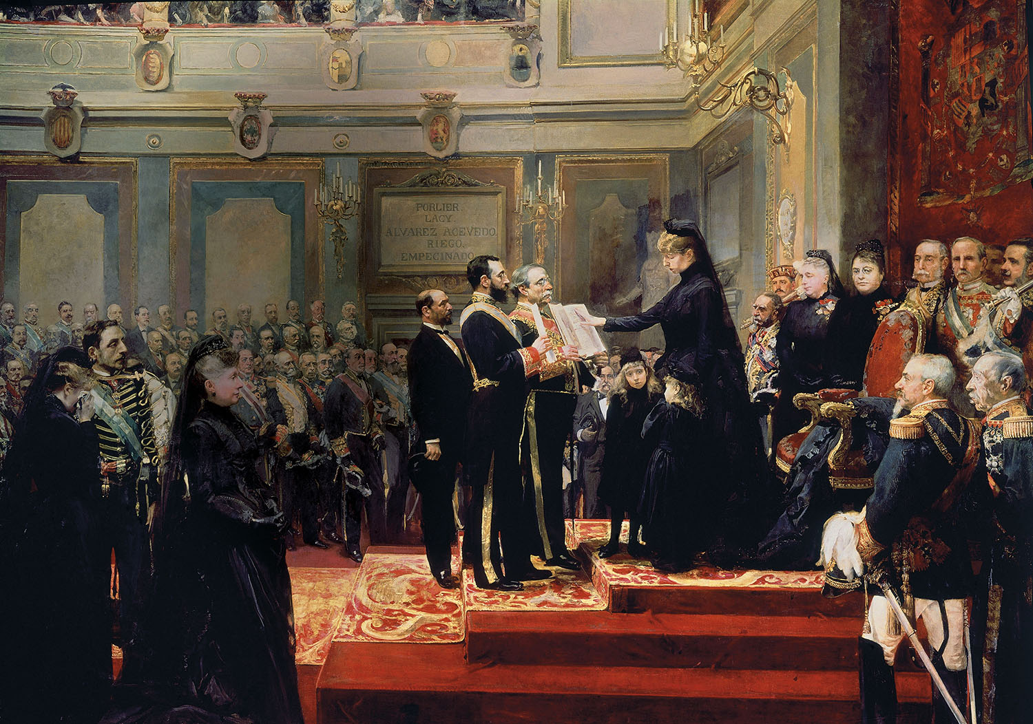 La regent Maria Cristina de Habsburg jura la constitució acompanyada de les seves filles desprès de la mort del rei Alfons XII
