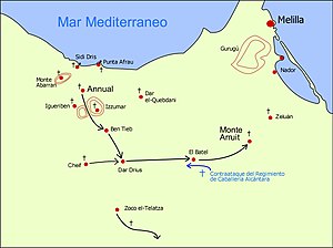 Mapa de la retirada de l'exèrcit espanyol a Annual