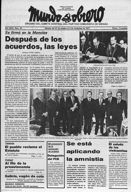 Portada de Mundo Obrero amb la signatura dels Pactes de la Moncloa
