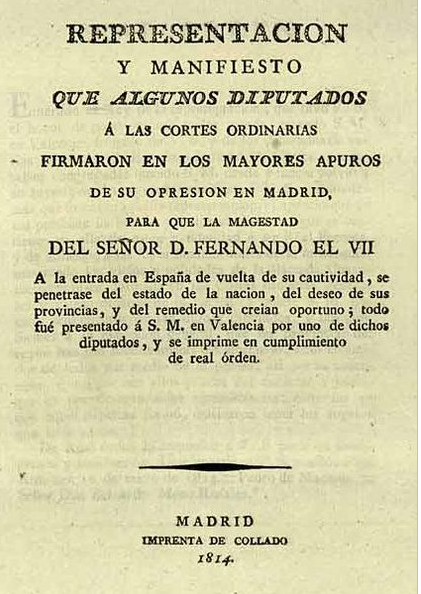 Portada del Manifiesto de los Persas entregado a Fernando VII a su regreso a España. 1814. Publicado en El Comercio en 1871.