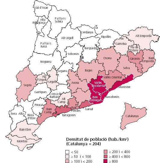Mapa de la densitat de població de Catalaunya